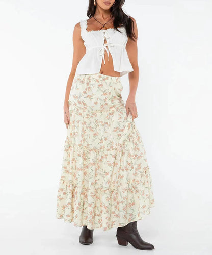 Casual Skirts Women Fashion Vintage Streetwear Skirts Solid Loose Floral Folds Elastic Waist Midi 2024 New Spring Summer Skirts
