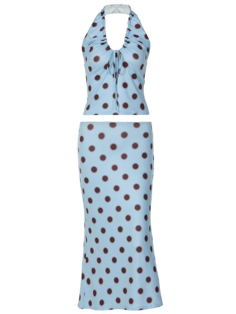 Polka Dot Print Tie Up Front Ruched Deep V Halter Top Midi Skirt 2 Piece Set for Women Summer Trend Daily Street Outfit