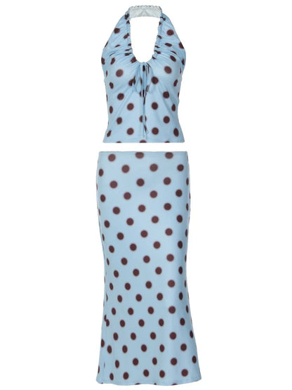 Polka Dot Print Tie Up Front Ruched Deep V Halter Top Midi Skirt 2 Piece Set for Women Summer Trend Daily Street Outfit
