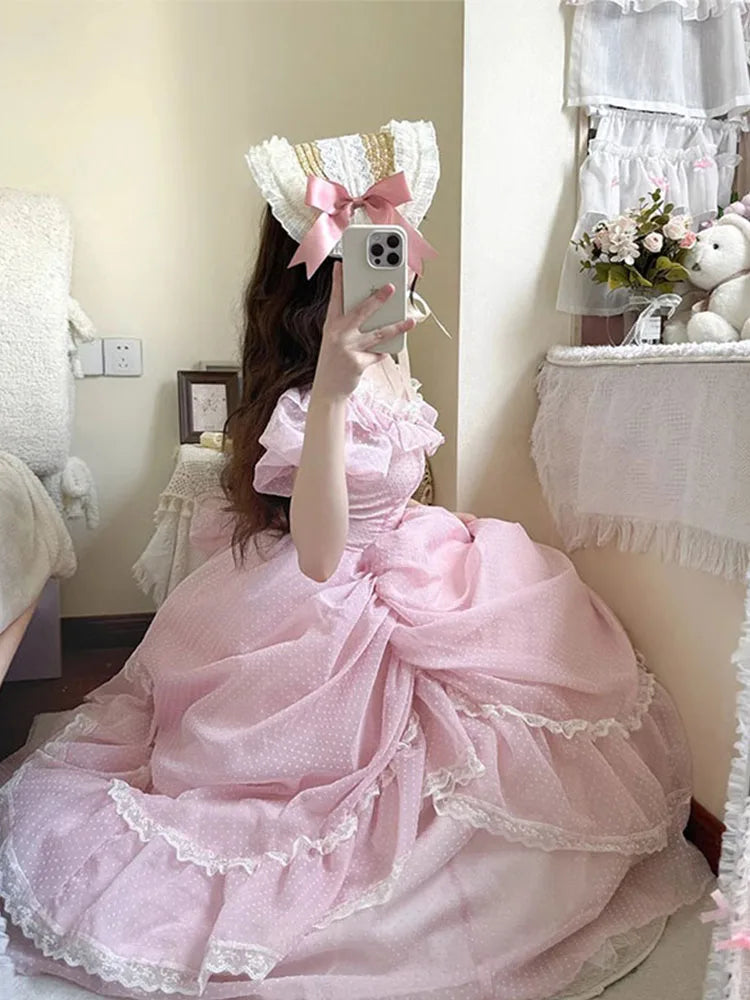 Gentle Pink Puff Sleeve Op Dress Floral Wedding Lolita Waist Slimming Bow Tail