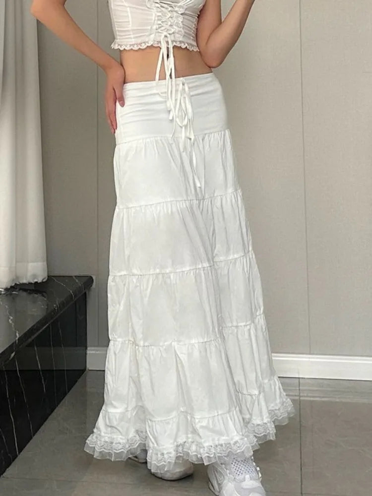 White Long Skirts High Waist Drawstring Casual Cake Skirt for Women Vintage Lace Patchwork Loose Folded Ladies Clothing