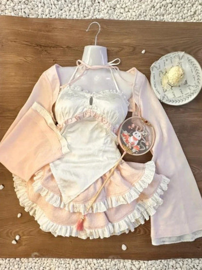 New Chinese Style Pink Cardigan Coat Women+ Irregular Slim Fit Camisole Vest+ High Waist Ruched Lace Skirts Three Piece Sets