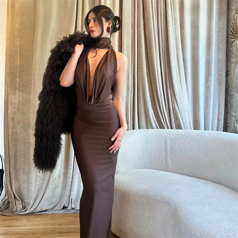 women's sexy hollow out swinging neck backless princess style slim fit bag hip slit hanging neck dress