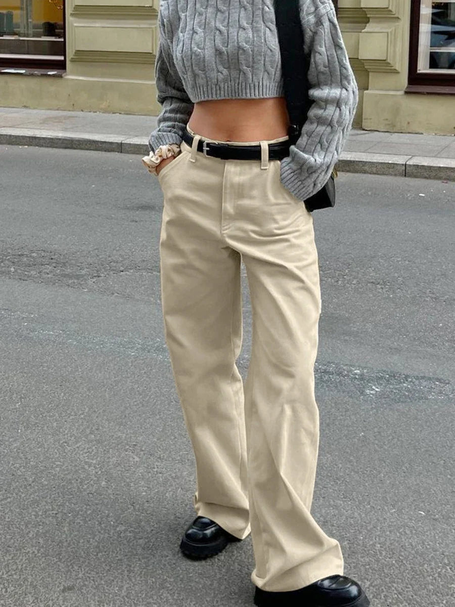 Khaki Classic Wide Leg Pant Women High Waist Pocket Loose Simple Trouser Autumn Winter Streetwear Fashion Casual Pants New