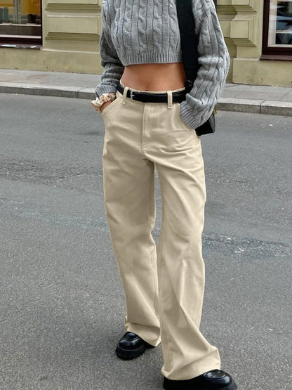 Khaki Classic Wide Leg Pant Women High Waist Pocket Loose Simple Trouser Autumn Winter Streetwear Fashion Casual Pants New