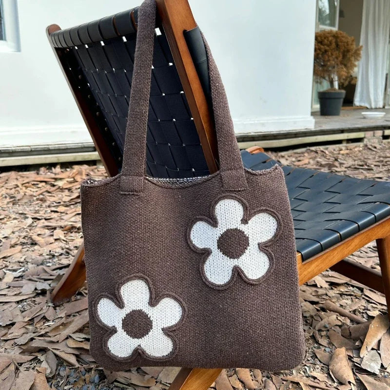 Fashion Sweet Kawaii Flower Shoulder Underarm Bag High-capacity Y2k All Match Handbags Women Knitted Casual Shopping Tote Bags