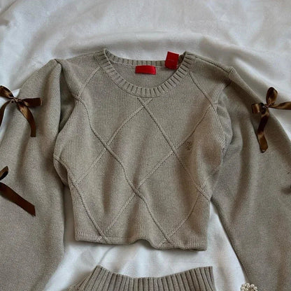 Y2K Knitted Splicing Short Skirt Two Piece Set Women Knitted Long Sleeved Sweater Cute Bow Mini Pleated Skirt Autumn Winter Suit