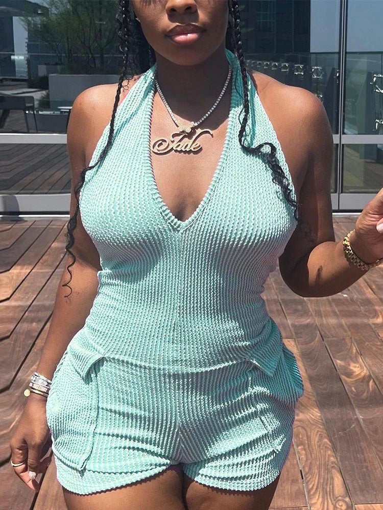 Casual Knitting Playsuit Sexy Halter Backless Rompers Basics Splice Pockets Hollow Vest Fall And Winter Women Streetwear