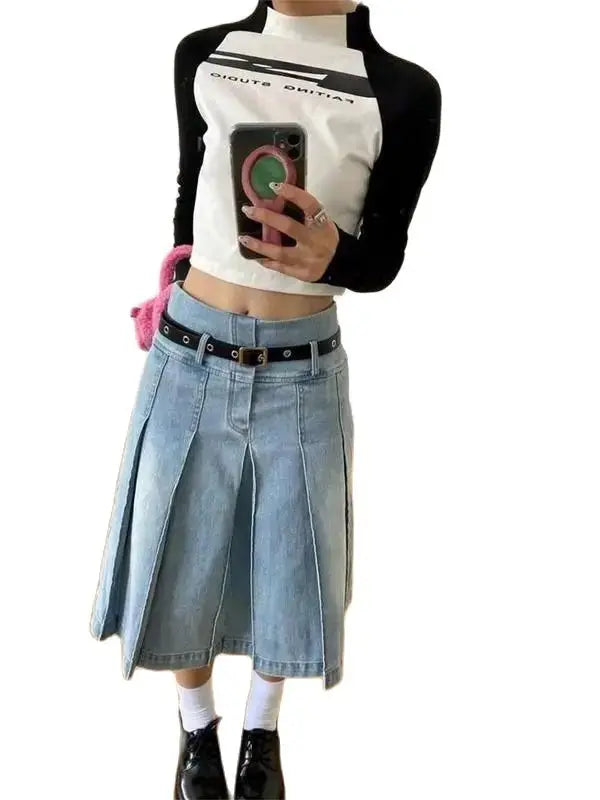 Denim Pleated Skirt High Waist Y2k Streetwear Women Vintage A-Line Distressed Knee-Lenght Jeans Skirt Japanese Fashion Versatile