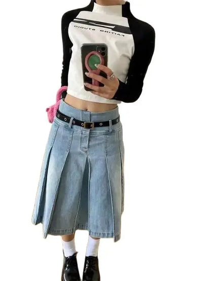 Denim Pleated Skirt High Waist Y2k Streetwear Women Vintage A-Line Distressed Knee-Lenght Jeans Skirt Japanese Fashion Versatile