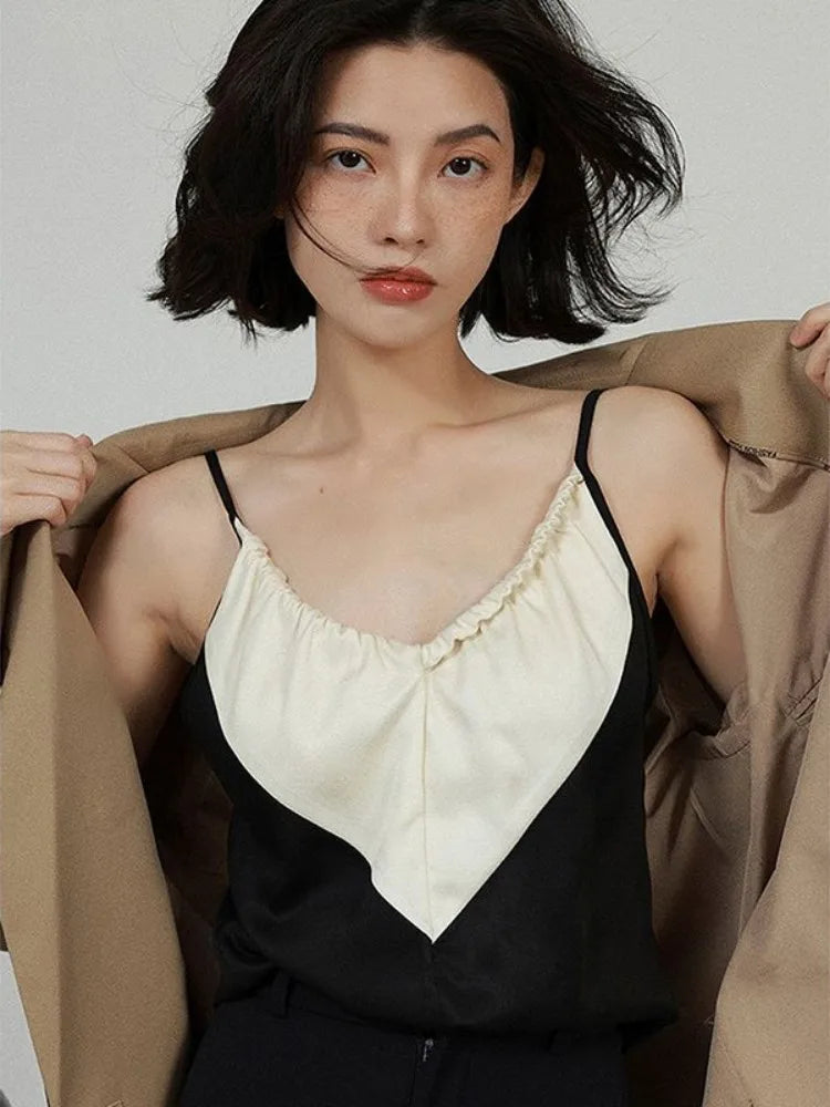 Elegant Satin Crop Top Women Black White Contrast Patchwork Backless Camis Office Lady V-neck Casual Halter Tops Summer