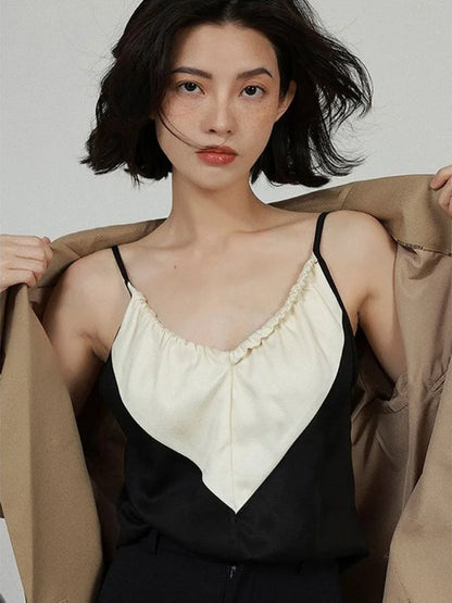 Elegant Satin Crop Top Women Black White Contrast Patchwork Backless Camis Office Lady V-neck Casual Halter Tops Summer