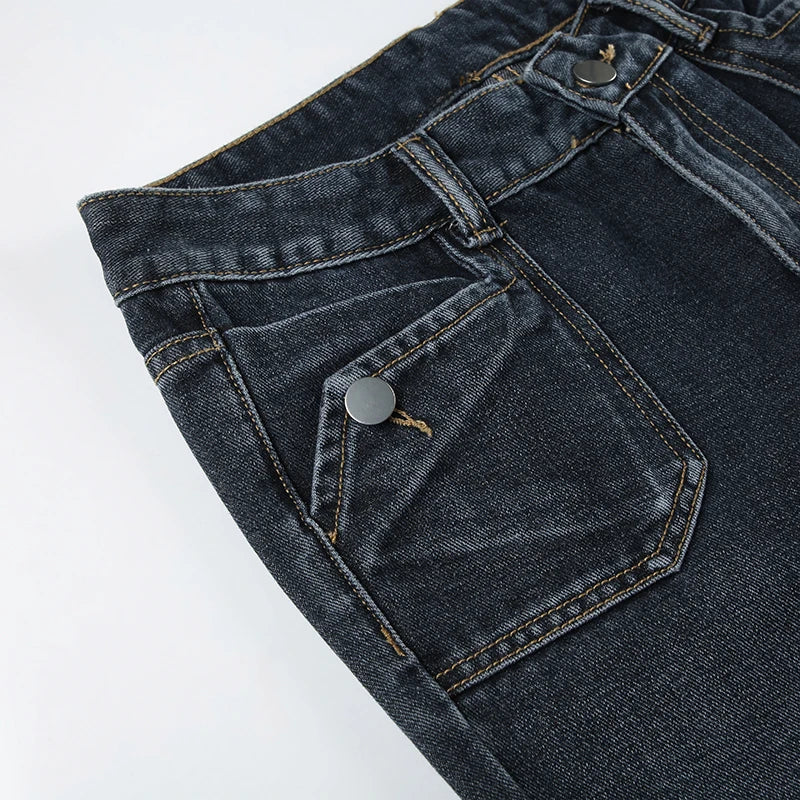 Grunge Aesthetic Flare Jeans Women Retro Stylish Y2K Dark Blue Denim Pants Spring Outfits Casual Slim Trousers Ladies