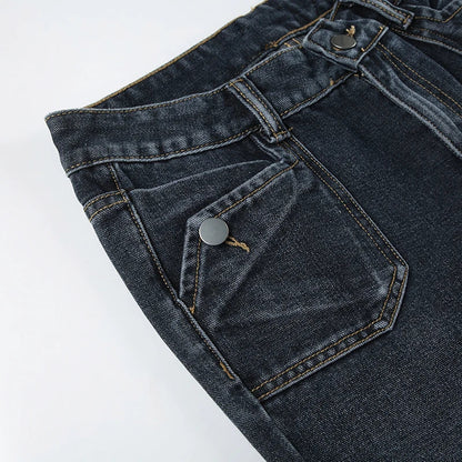 Grunge Aesthetic Flare Jeans Women Retro Stylish Y2K Dark Blue Denim Pants Spring Outfits Casual Slim Trousers Ladies