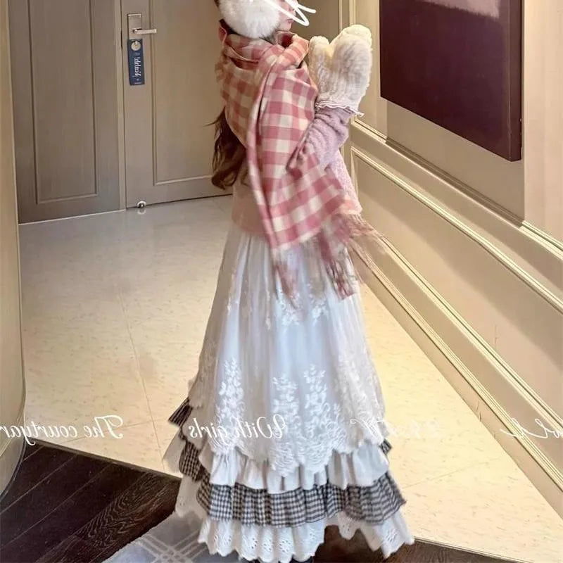 Japanese Vintage Sweet Y2k Mid-length Patchwork Skirt for Women Winter All-match A-line Faldas Mujer Moda Kawaii Skirt