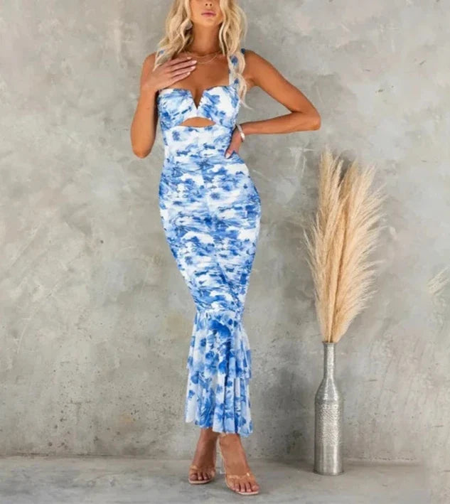 New Summer Printed Casual Sling Sleeveless Dress Zipper Slim-Fit Dress Pullover V-Neck Dress Vacation Women's Clothing