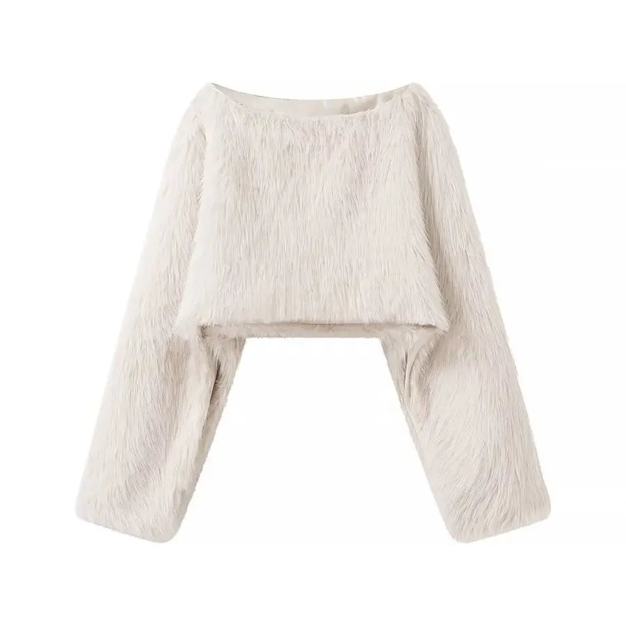 Temperament White Women Imitation Fur Jacket Round Neck Short Full Sleeve Female Faux Fur Coat Instagram-Style Lady Eco Fur Coat