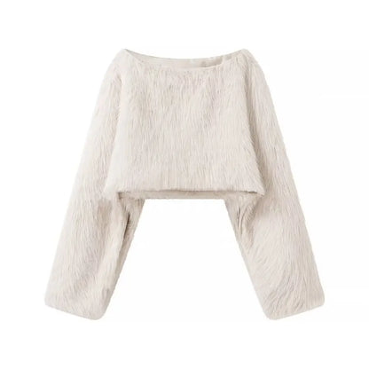 Temperament White Women Imitation Fur Jacket Round Neck Short Full Sleeve Female Faux Fur Coat Instagram-Style Lady Eco Fur Coat
