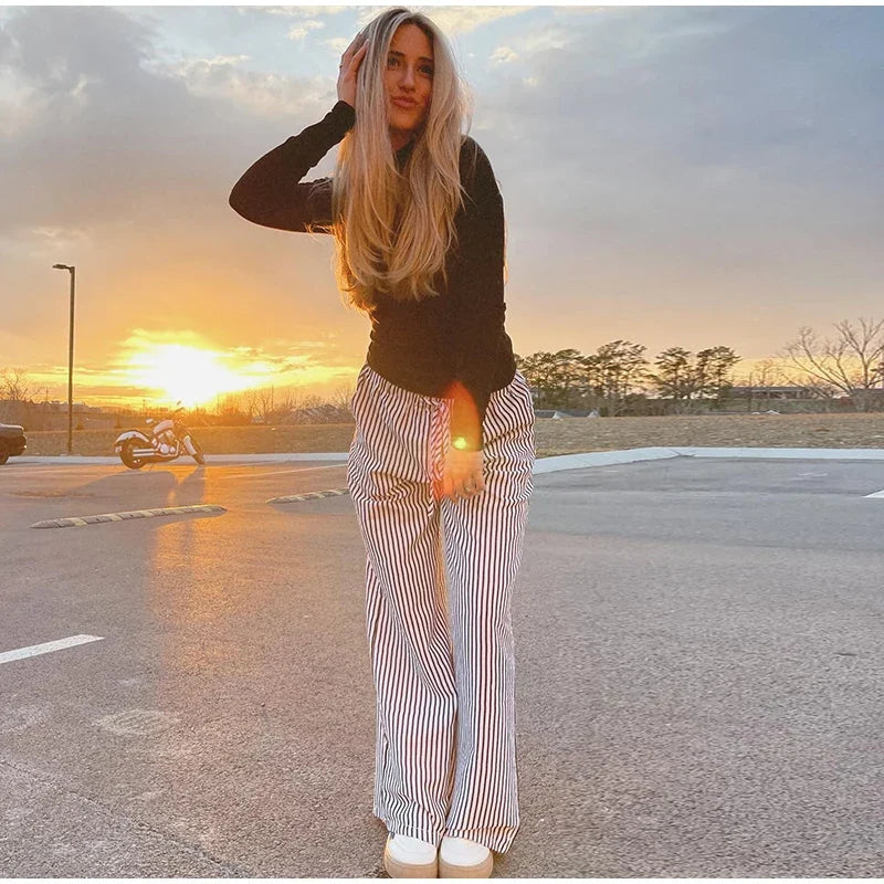 Striped Drawstring Wide Leg Pants Elastic Waist Lightweight Trousers for Summer Office Casual Vacation Wear Women Slack