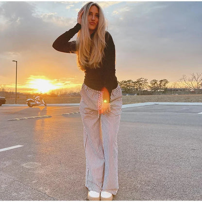 Striped Drawstring Wide Leg Pants Elastic Waist Lightweight Trousers for Summer Office Casual Vacation Wear Women Slack
