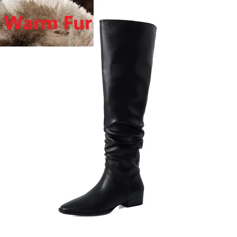 Hot Girls Knee- High Boots Slip On Simple Pleated Microfiber Winter Botas Big Girth Spring Autumn Modern Woman Boots Size 43