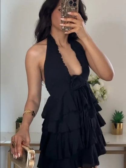 New Women's Fashion Solid Color Versatile Deep V-neck Flower Bow Off the Shoulder Sexy Sleeveless Dress