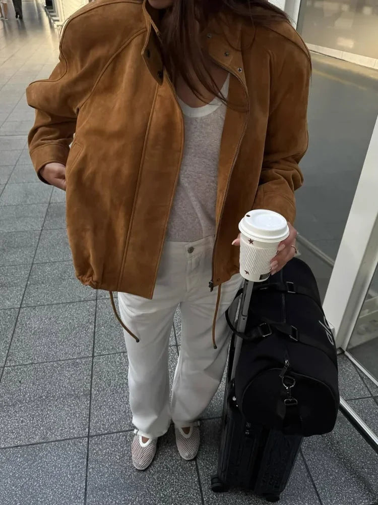 Casual Long Sleeve Stand Collar Female Coats Vintage Suede Zipper Jacket for Women Autumn New Lady Pockets Outerwear Street