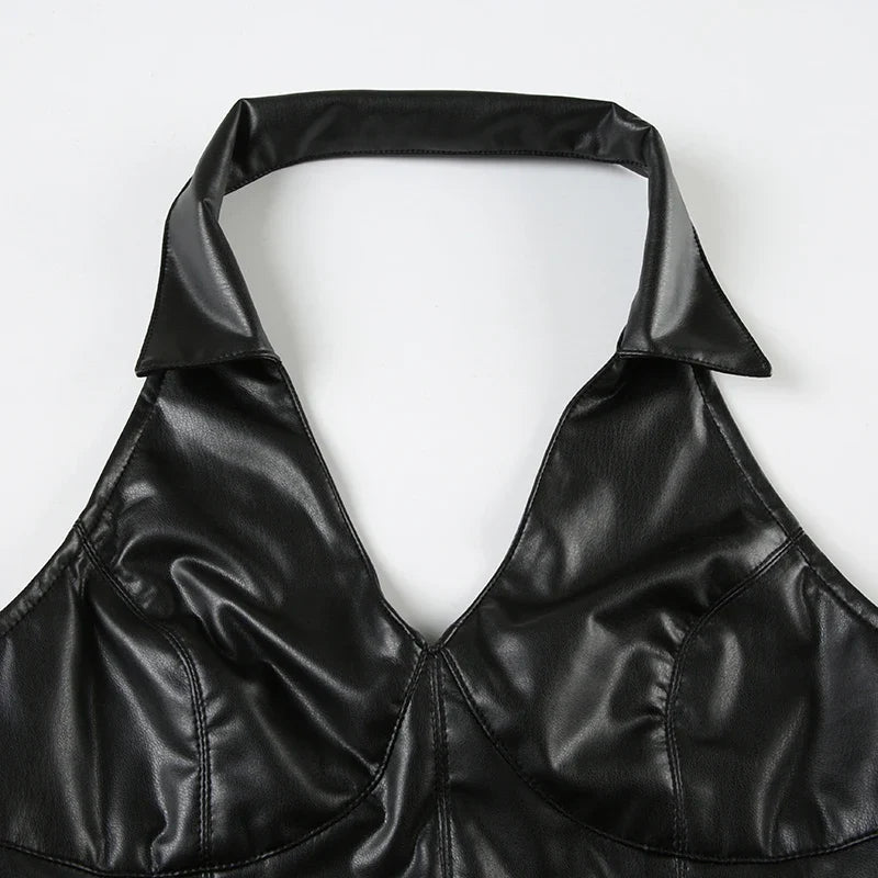 Gothic Halter V-neck Faux Leather Vest Y2K Backless Zipper Black Slim Crop Top Punk Style Women Sexy Tank Camis 90s