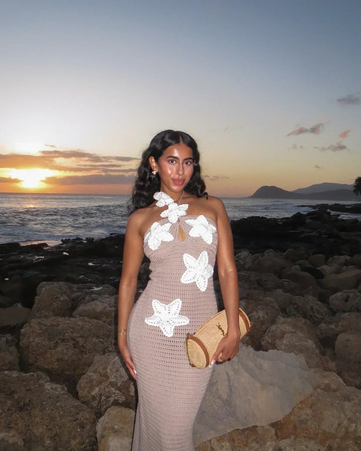 Crochet Halter Keyhole 3D Floral Applique Bodycon Maxi Dress