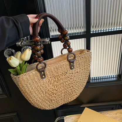 Khaki Straw Bag For Women Half Moon Design Beach Shoulder Bag With Short Handle Tote Summer Travel Handbag Fashion Handmade Bag
