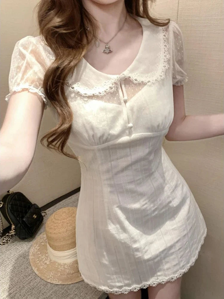 Summer French Elegant Lace Doll Collar Puff Sleeve Sheer Polka Dot Mesh Hollowout Slim Fit Two Piece Dress Women Daily Party