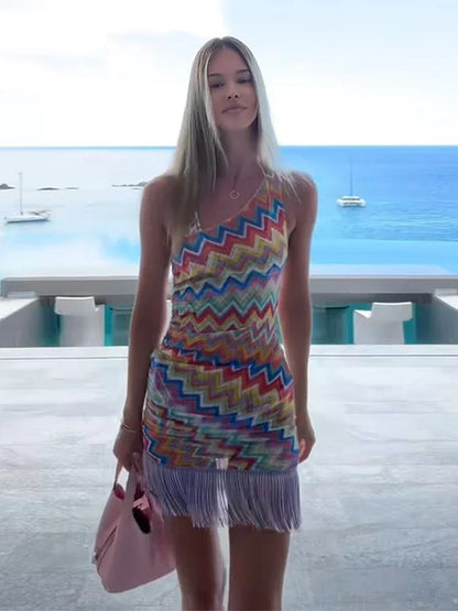 Women's Printed Striped Fringe Halter Dress Asymmetrical Collar Slim Colorful Short Mini Dresses Colorful Beach Vacation Dress