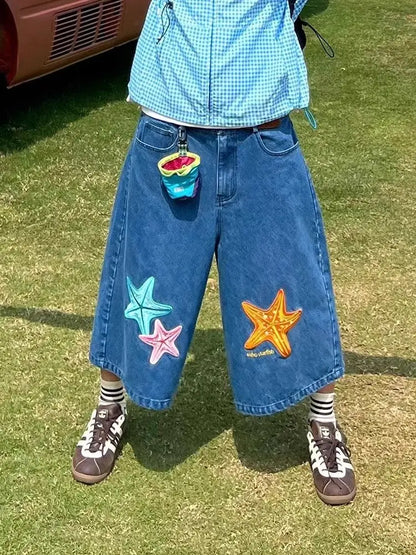 Large Size Retro Creative Star Embroidery Denim Cropped Pants Women's Loose Straight Wide Leg Shorts
