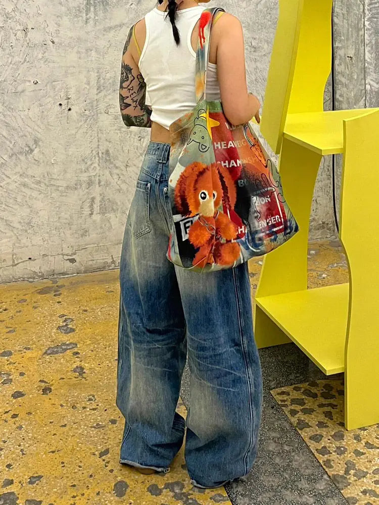 Vintage Oversized Blue Jeans Woman Y2k Casual America Retro Baggy Denim Pants Basic Harajuku Wide Leg Trousers Summer