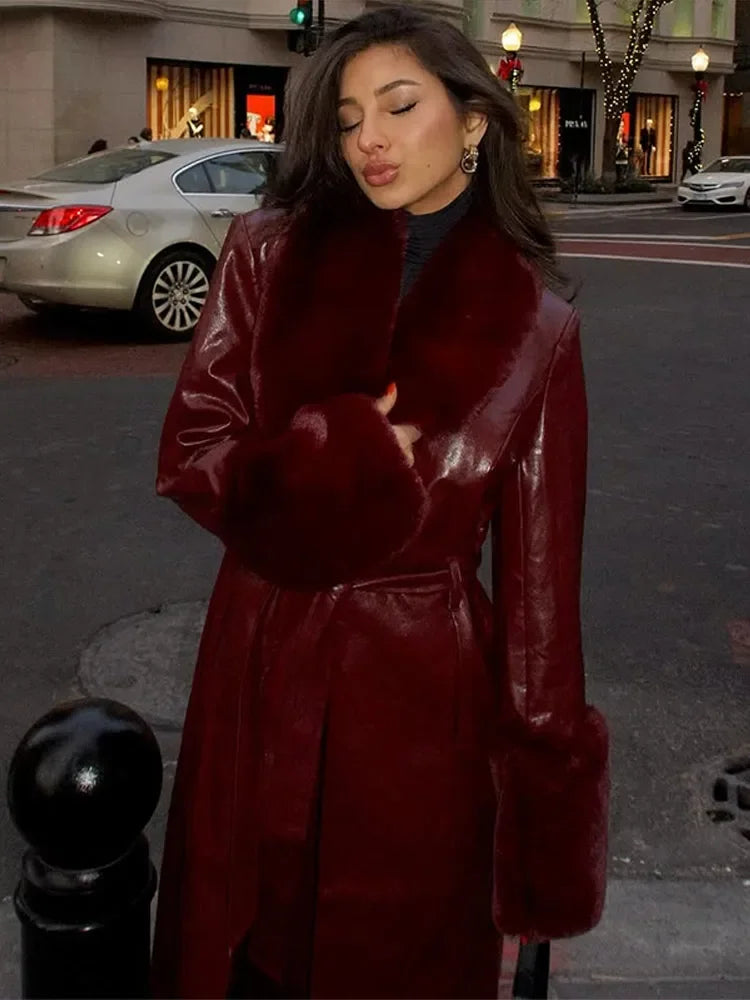 Elegant Fur Leather Women's Long Coat Red Long Sleeve Lapel Lace Up Loose Patchwork Jacket 2025 Fashion Autumn Winter Coats