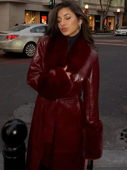 Elegant Fur Leather Women's Long Coat Red Long Sleeve Lapel Lace Up Loose Patchwork Jacket 2025 Fashion Autumn Winter Coats
