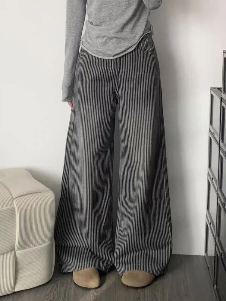 Y2k Vintage Striped Jeans Women Punk Hip Hop Grunge Baggy Denim Trousers High Waist Streetwear Straight Wide Leg Jeans