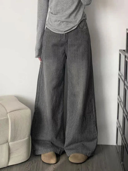Y2k Vintage Striped Jeans Women Punk Hip Hop Grunge Baggy Denim Trousers High Waist Streetwear Straight Wide Leg Jeans