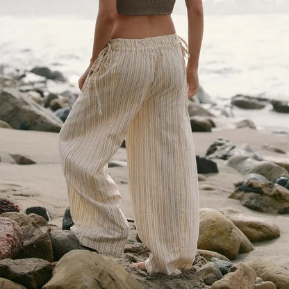 Women Drawstring Striped Wide Leg Pants Summer Causal Barrel Loose Elastic Low Waist Palazzo Harem Pants Trousers