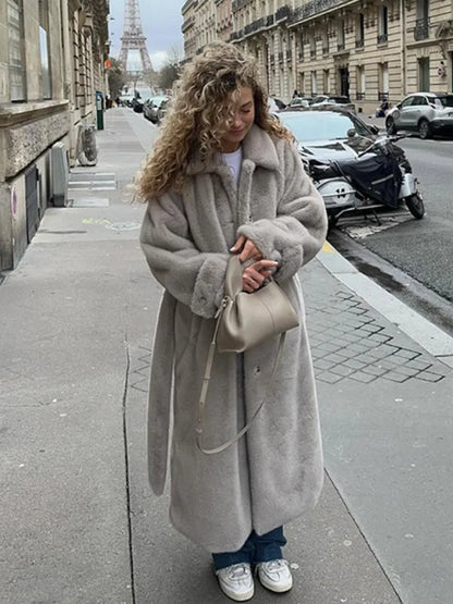 Elegant Thicken Warm Plush Faux Fur Long Coat Women Chic Single Breasted Lapel Overcoat With Belt New Lady Winter Fluffy Outwear