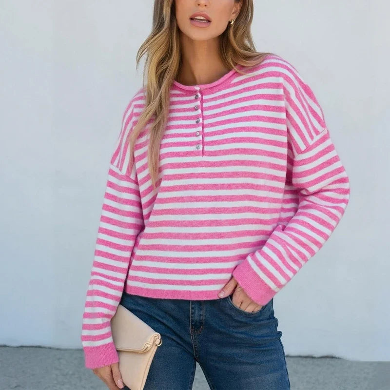 Womens Knitted Sweater Tops Fall Long Sleeve Crew Neck Striped Button Loose Pullover Jumpers Preappy Casual Knitwear
