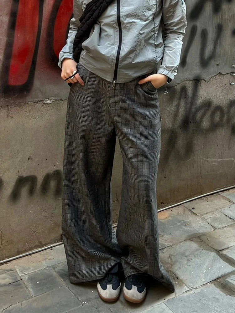 Vintage Women Tartan Bootcut Suit Pants Checkered Draped Tweed Long Trousers High Waist Wide Leg Pants Casual Streetwear