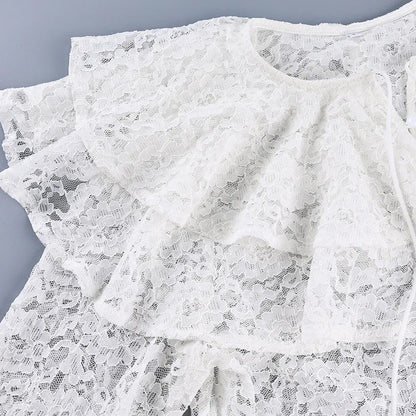 New lace see through double-layer ruffle collar shirt with stylish and stylish design