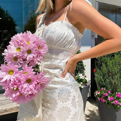 Woman Backless Mini Spaghetti Strap Lacing up wood ears Ruched Collar Holiday Robe Sexy White Daisy Flower Satin Sling Dress
