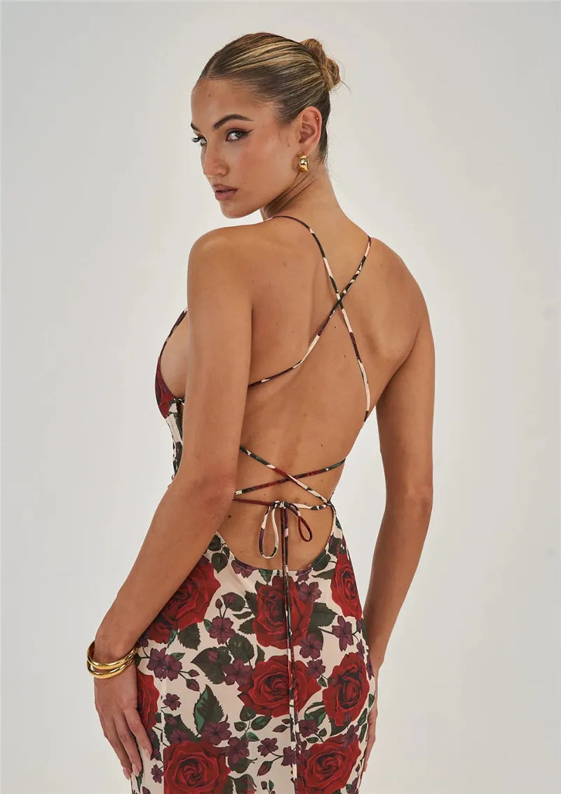 Floral Print Deep V Spaghetti Strap Bodycon Maxi Dress