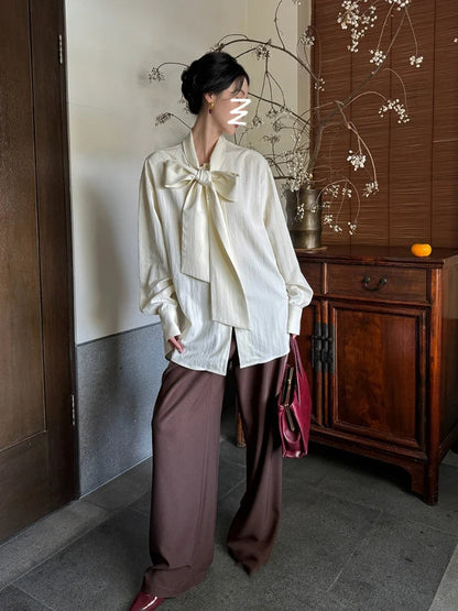 Elegant Beige Blouse Women Chic Bow Tie Long Sleeve Shirt Female Oversized Office Ladies Fashion Vintage Spring Clothes