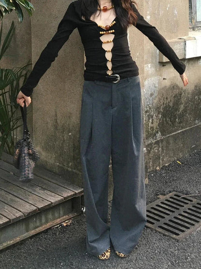 Women Pleated Front Gray Wide Leg Suit Pants Vintage High Rise Pockets Loose Solid Draped Long Trousers Work Casual Clothes