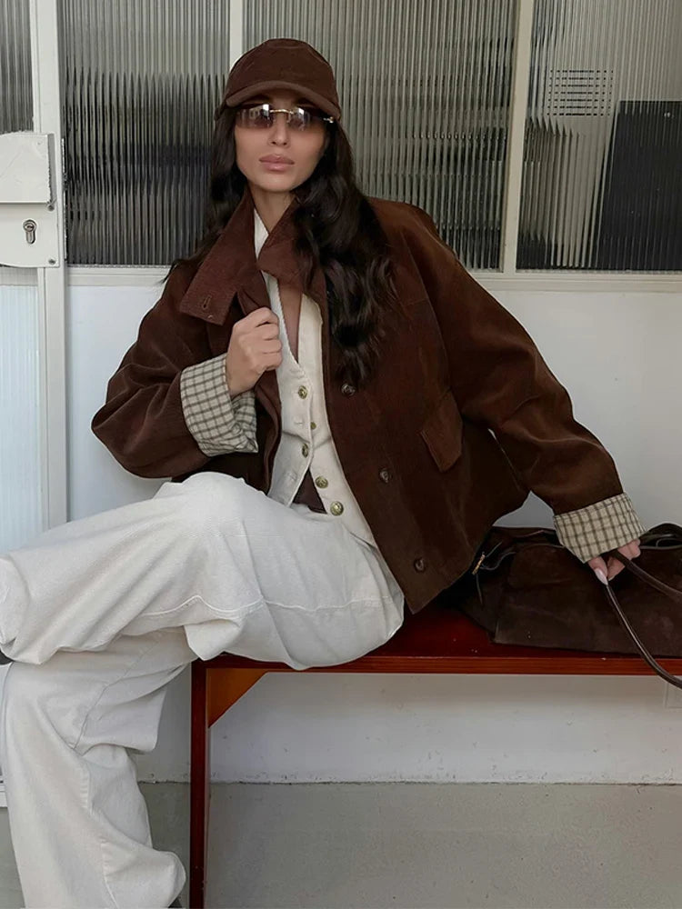 Autumn Chic Plaids Linen Solid Corduroy Coats Elegant Female Stand Collar Zipper Long Sleeves Jacket Fashion Lady Street Outwear