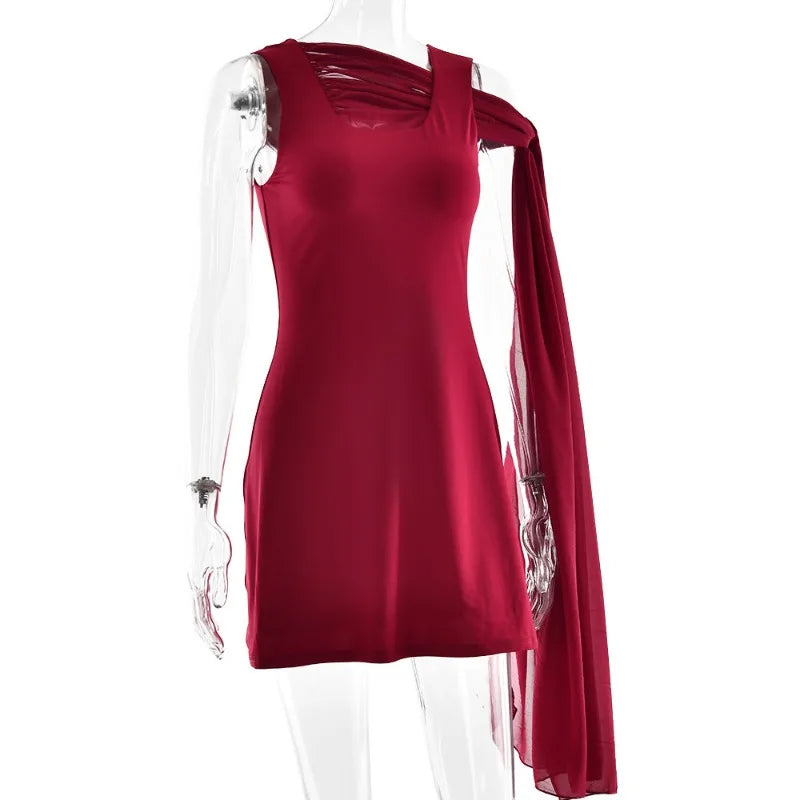 Square Neck Draped Panel Chiffon Sash Shoulder Mini Dress