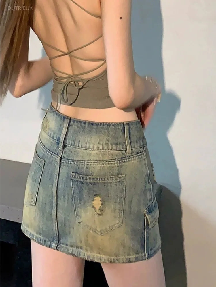 American Oversized Retro Star Rivet Denim Skirt For Women Summer High Waist A-line Skirts Y2k Slim Fit Bodycon Faldas Mujer